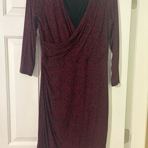 LOFT Burgundy and Black Patterned Midi Dress